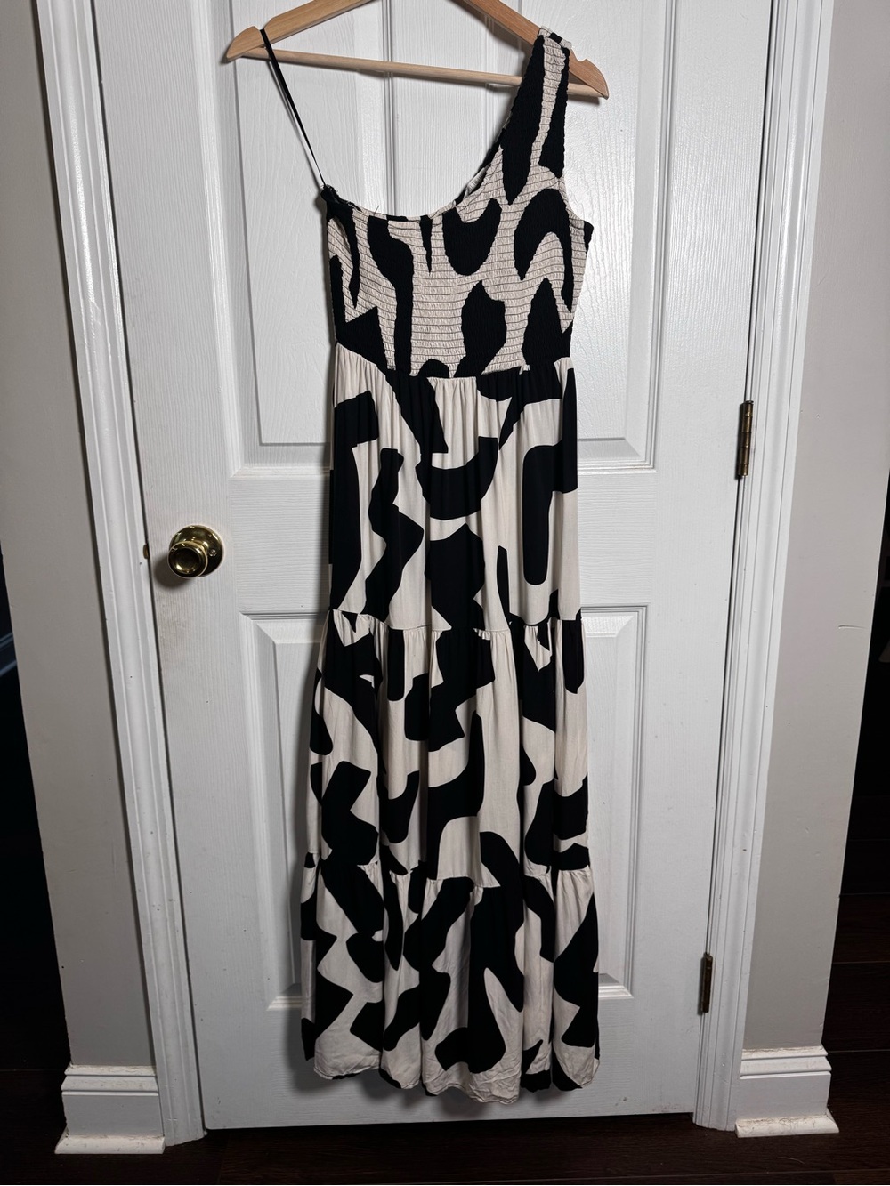 Anthropologie Abel The Label One Shoulder Tiered Maxi Dress Size M Ivory & Black